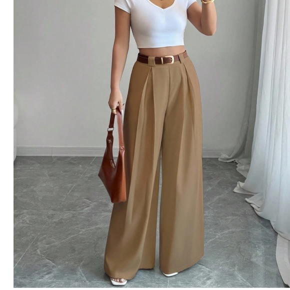 Classic Solid Stretchy Waist Pleated Pockets Wide leg Trouser Pants - Picture 5 of 12